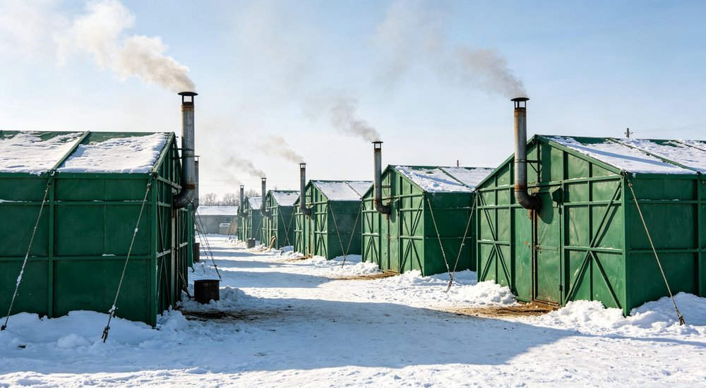 Winter refugee camp with snow covering ground and steel frame tents, humanitarian aid operation in cold climate conditions, documentary photography