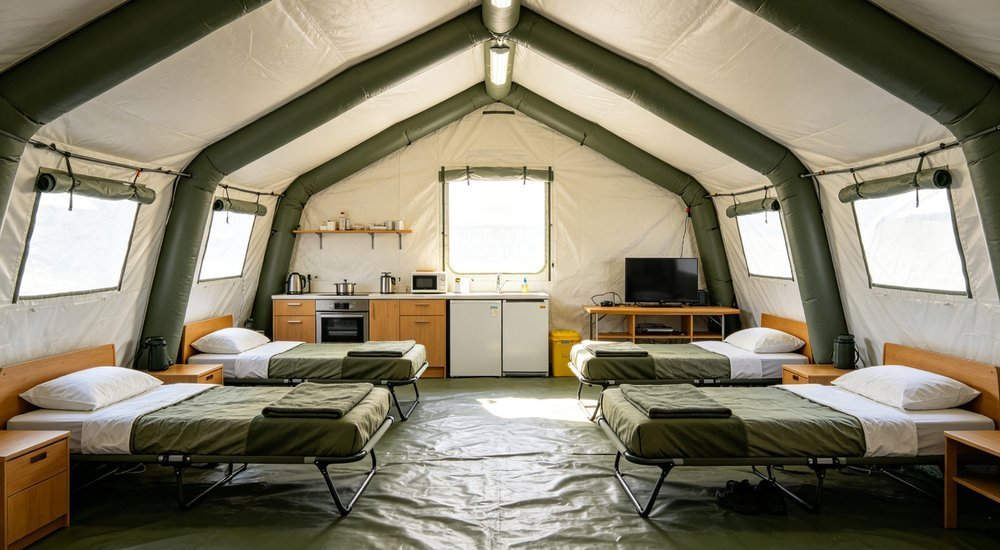 Temporary accommodation interior of inflatable tent setup area, open floor plan with no obstructing support poles, spacious layout interior photography