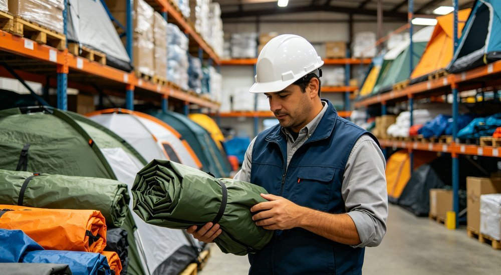 Storage inspection of inflatable tents in warehouse facility building area, inventory management and quality check process standards, logistics professional photography