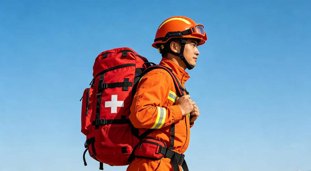 Side profile view of professional firefighter in orange uniform and helmet carrying large red MOLLE tactical backpack with white medical cross against clear blue sky