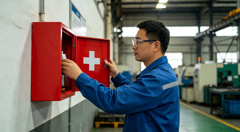 Medium shot of factory worker in blue uniform and safety glasses opening red wall-mounted first aid cabinet on industrial wall with machinery behind