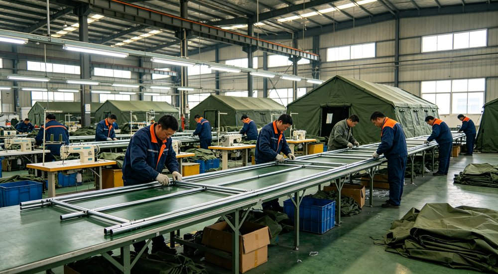 Emergency relief tent deployed in an active earthquake disaster zone providing immediate shelter for affected families with response teams working in the surrounding area