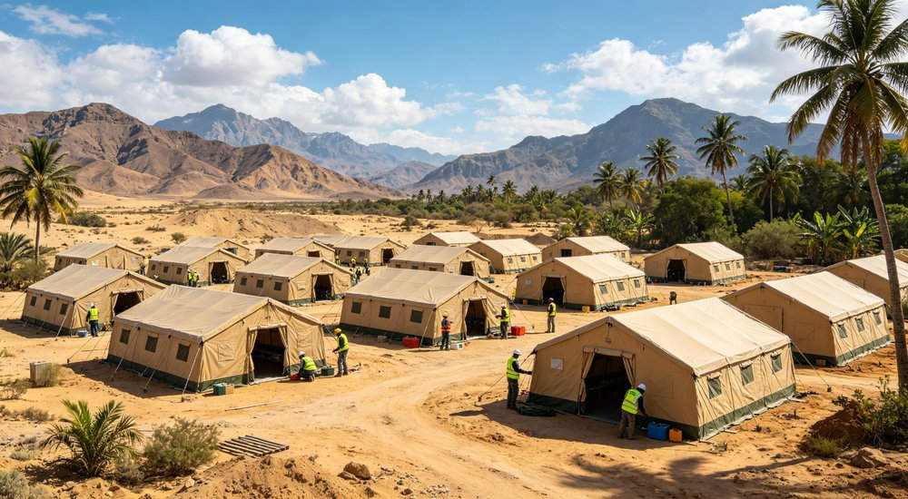 Wide panoramic view of a large humanitarian relief camp with dozens of emergency tents organized in neat rows demonstrating scale of disaster response operations
