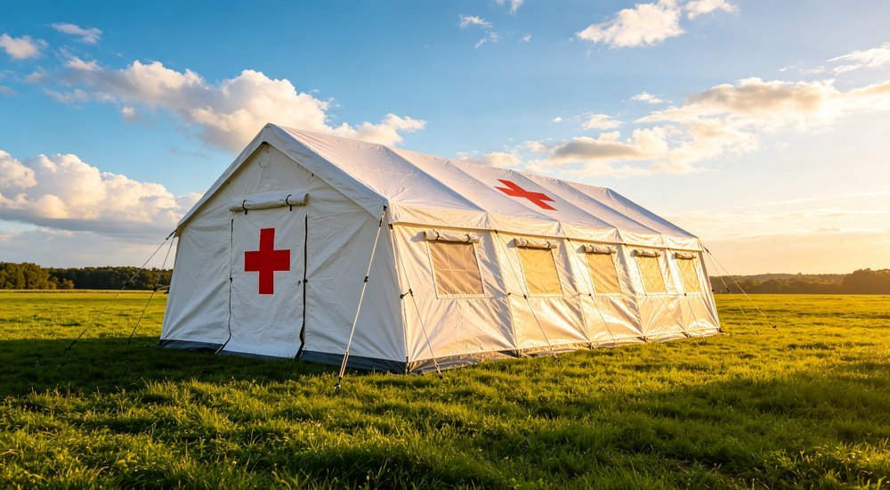 Stunning wide angle hero photo of large premium white emergency relief tent with red cross logo fully set up on lush green grass field under brilliant blue sky with fluffy white clouds, warm golden sunlight illuminating waterproof fabric Stunning wide angle hero photo of large premium white emergency relief tent with red cross logo fully set up on lush green grass field under brilliant blue sky with fluffy white clouds, warm golden sunlight illuminating waterproof fabric