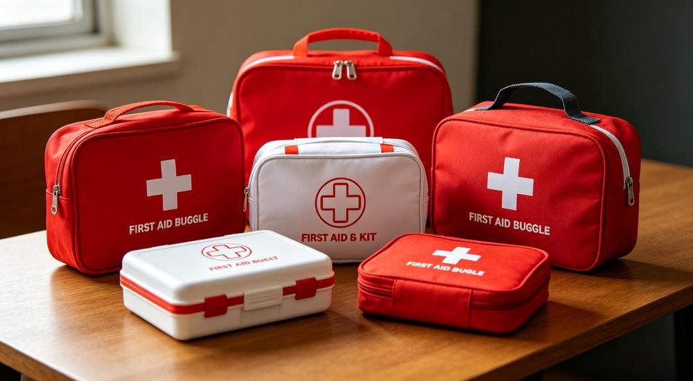Product set shot of five red and white first aid kits of different sizes arranged on wooden table with sunlight window