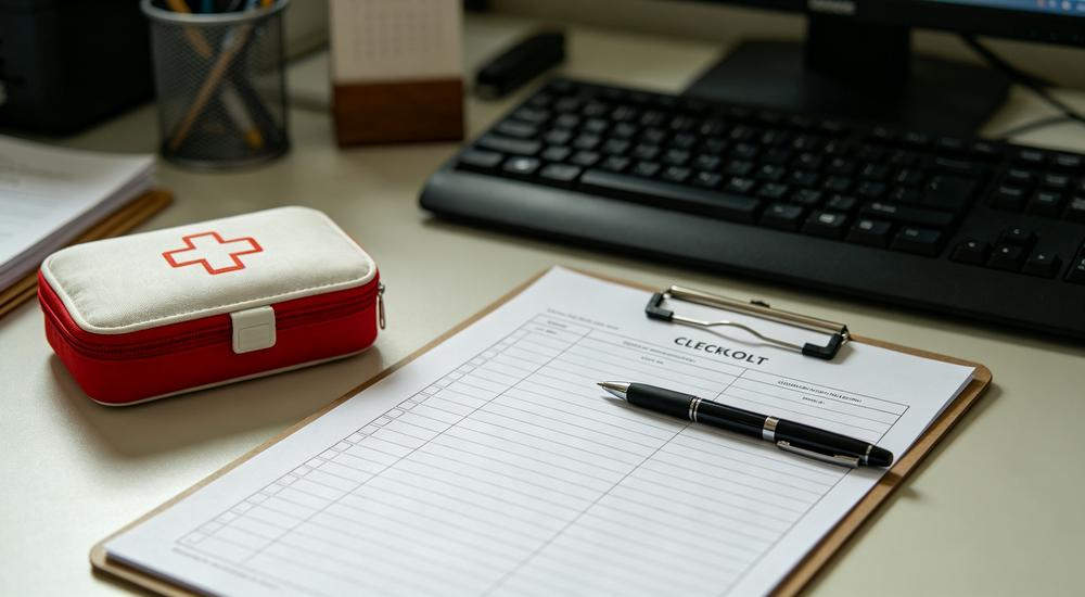 Office desk shot of blank checklist clipboard with pen beside small red first aid kit near computer keyboard Office desk shot of blank checklist clipboard with pen beside small red first aid kit near computer keyboard
