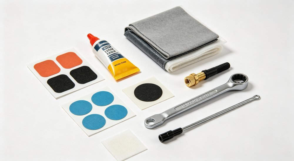 Complete inflatable tent repair kit with glue patches and tools laid out, spare parts inventory for humanitarian relief tent maintenance, professional product photography