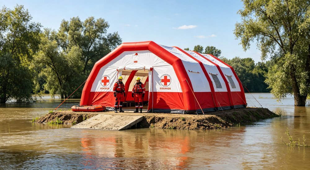 Flood rescue scene with red and white inflatable emergency tents deployed, disaster response humanitarian shelter operations in flood affected area, documentary photography
