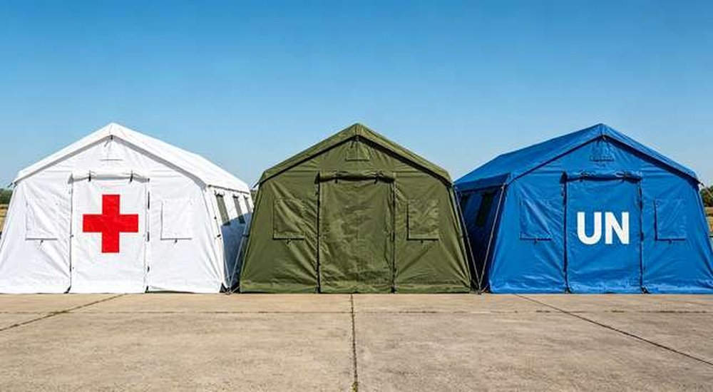 Three emergency tents in different colors side by side outdoors showing custom color options for OEM tent manufacturing, professional product photography