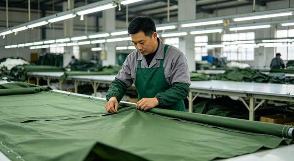 Asian Chinese factory worker inspecting finished tent quality at production line, professional OEM manufacturing standards, professional product photography, blue sky background