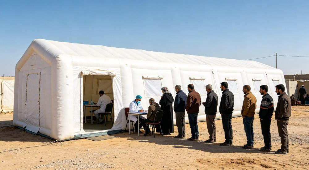 Long-term medical use of inflatable tent showing durable construction after extended deployment red and white inflatable emergency shelter for disaster relief operations