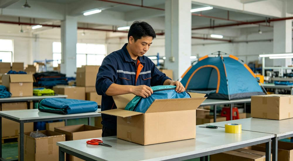 Warehouse quality control of inflatable medical tents, Asian female inspector checking product red and white inflatable emergency shelter for disaster relief operations