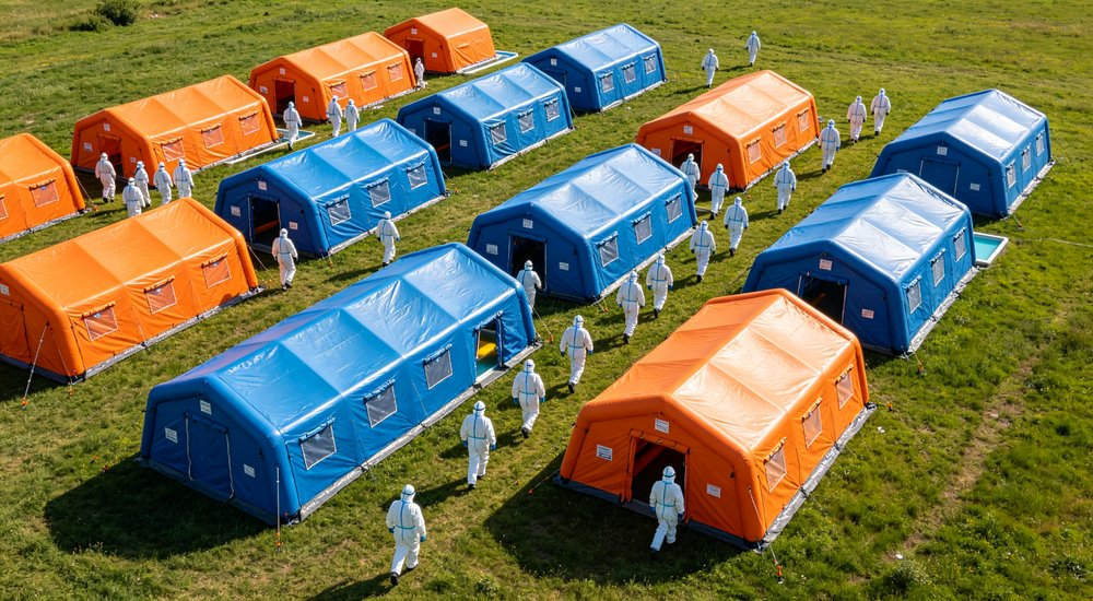 Aerial view of decontamination camp with red and white inflatable decon tents, green grass, blue sky, workers in protective gear