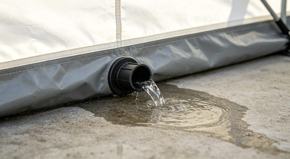 Floor drain detail of inflatable decontamination tent, PVC floor with drainage point, close-up red and white inflatable emergency shelter for disaster relief operations