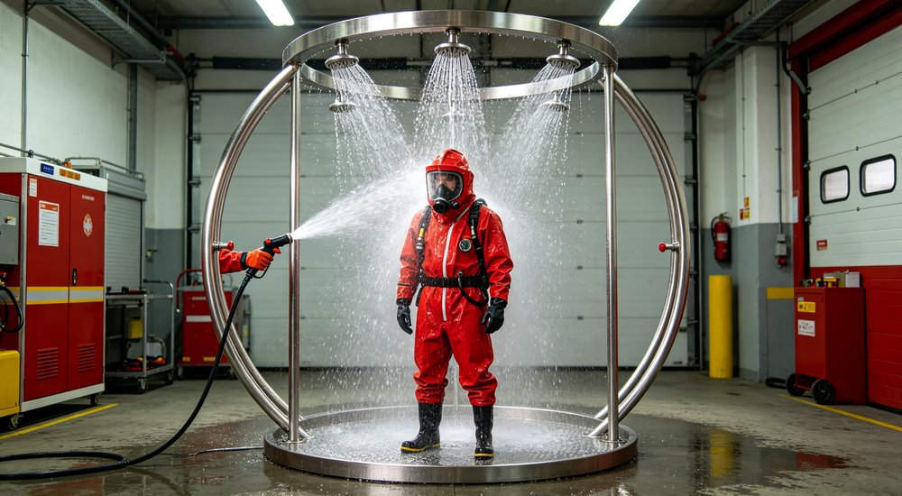 Ring shower system inside inflatable decon tent, simple circular shower head, bright interior red and white inflatable emergency shelter for disaster relief operations