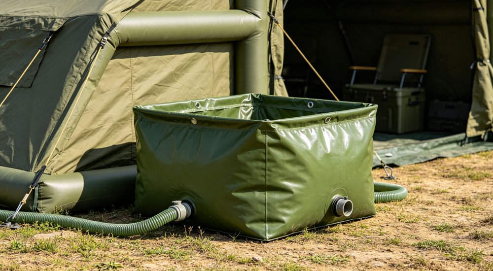 Waste collection bladder for inflatable decon tent, flexible waste bag, product shot red and white inflatable emergency shelter for disaster relief operations