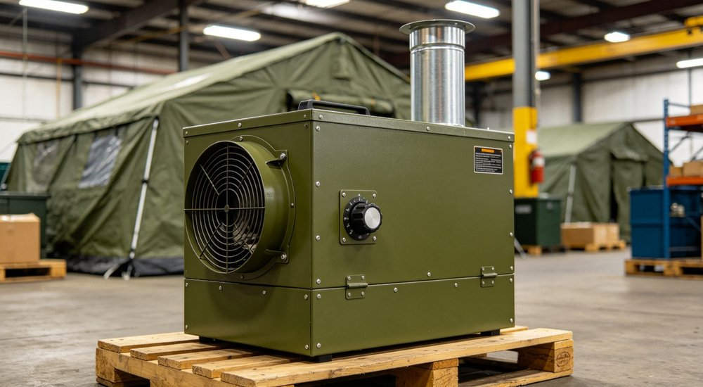 Diesel heater for inflatable decon tent winter operation, portable heater, product shot red and white inflatable emergency shelter for disaster relief operations