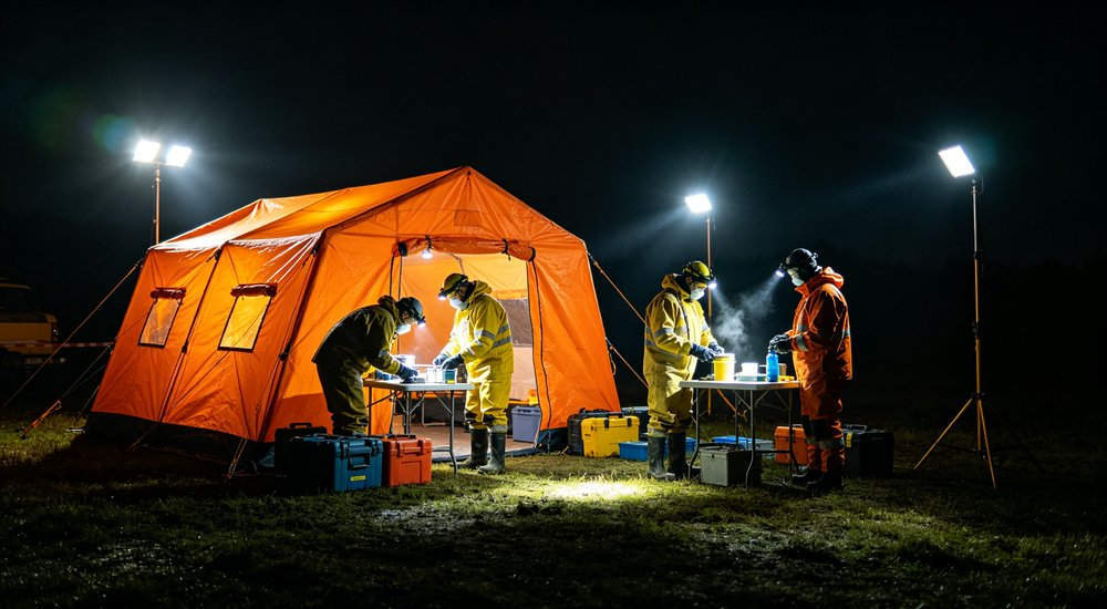 Night operation of inflatable decontamination tent with interior lighting showing 24 hour capability, workers on duty red and white inflatable emergency shelter for disaster relief operations