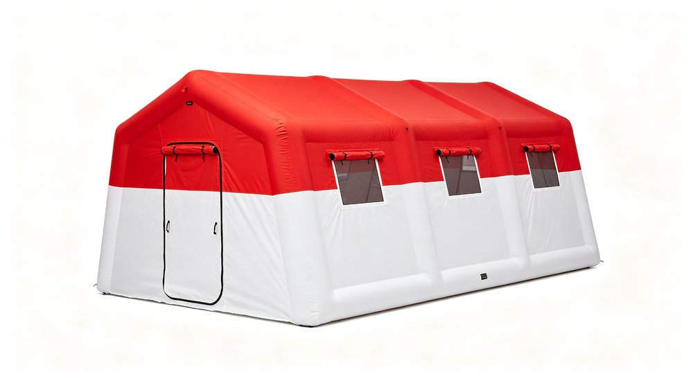 45 degree view of inflatable isolation tent on white background, red and white, product photography red and white inflatable emergency shelter for disaster relief operations 45 degree view of inflatable isolation tent on white background, red and white, product photography red and white inflatable emergency shelter for disaster relief operations