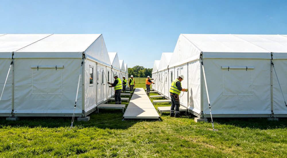 Workers adding new module to existing modular inflatable tent system, expansion process, green grass red and white inflatable emergency shelter for disaster relief operations