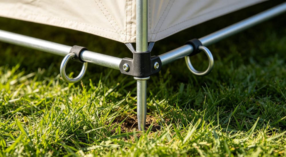 Ground fixing of modular inflatable tent system with stakes and guy ropes, green grass red and white inflatable emergency shelter for disaster relief operations