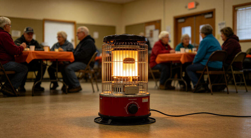 Portable propane space heater running safely inside a community warming center for winter emergency use