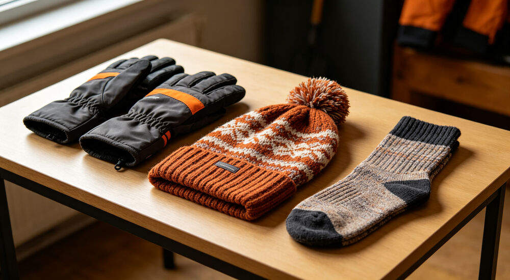 Winter work PPE laid out on a table: insulated waterproof gloves, warm knit hat, thermal socks