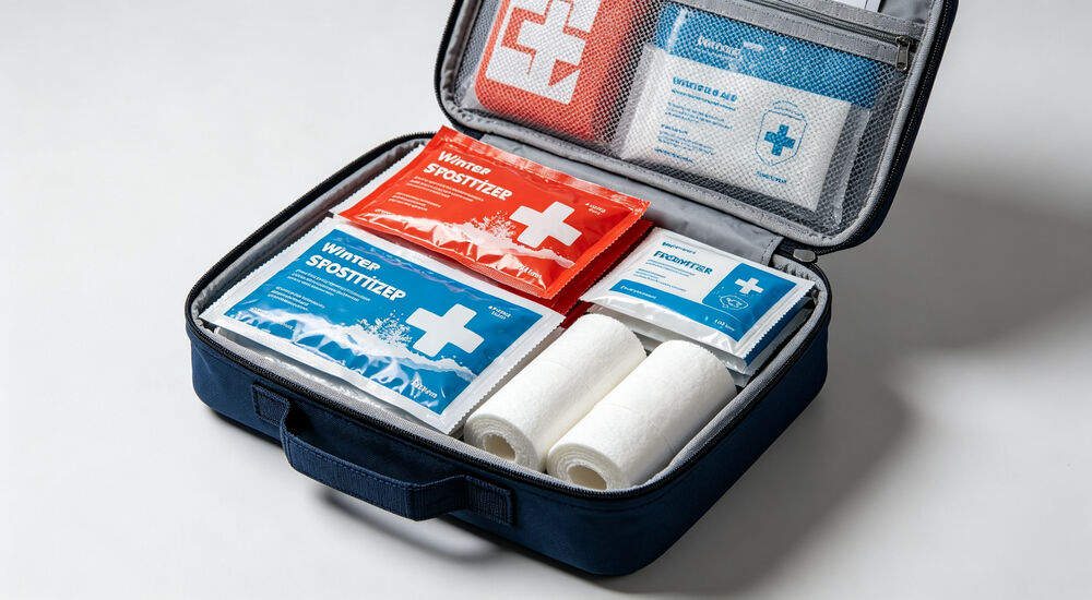 Open winter first aid kit showing frostbite treatment supplies, warm packs and bandages