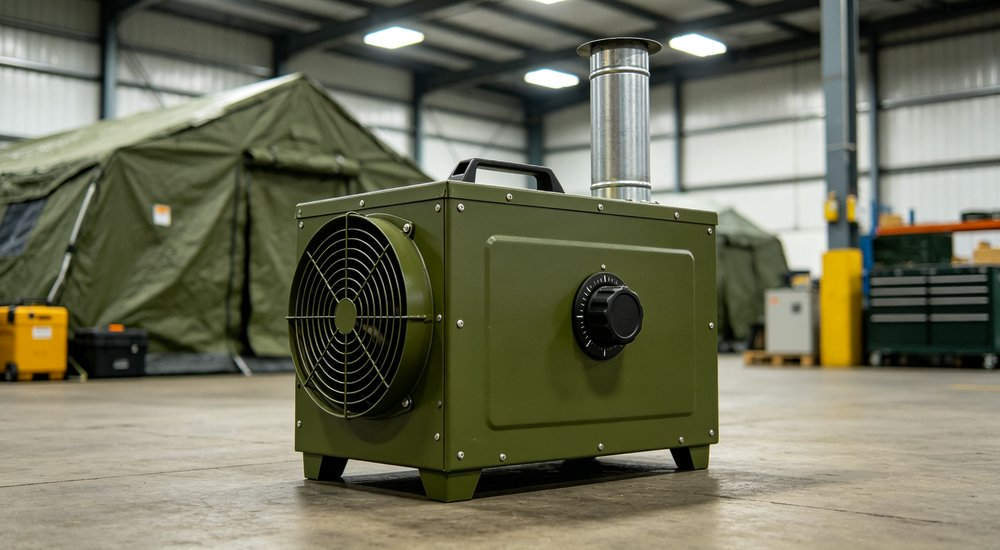 Winter heater for inflatable decon tent cold weather operation, portable heater, product shot red and white inflatable emergency shelter for disaster relief operations