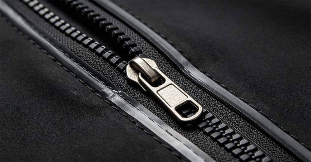 Close-up of waterproof zipper on dry suit showing metal teeth, rubberized coating, and sealed track for reliable underwater waterproofing. critical waterproof components ensuring dry suit reliability in demanding conditions