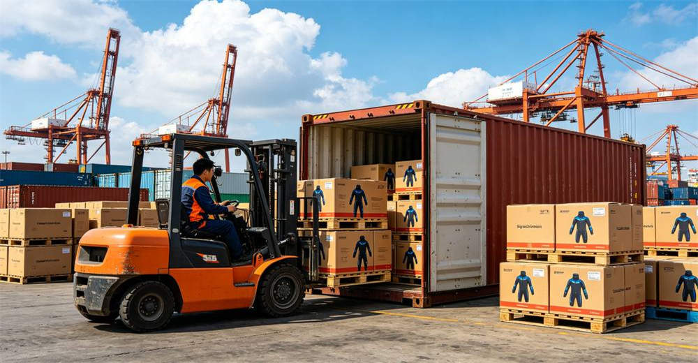 Forklift loading pallets of boxed dry suits into shipping container at port for international bulk export and worldwide delivery. ensuring safe transport and timely delivery for international wholesale orders