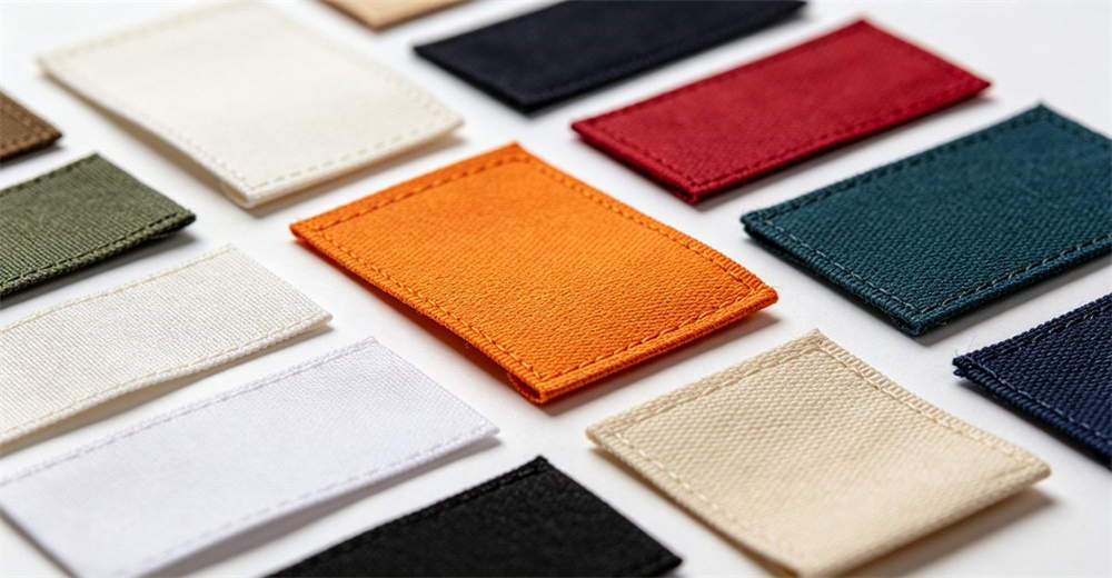 Various custom label and logo branding options for dry suits including woven labels, printed logos, and embroidered patches displayed on fabric