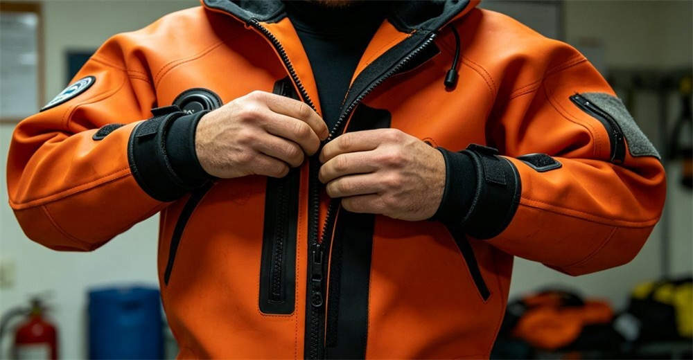 Rescue worker demonstrating dry suit donning step by step showing proper technique for quick entry during emergency response. extending product lifespan and ensuring reliable performance for professional users