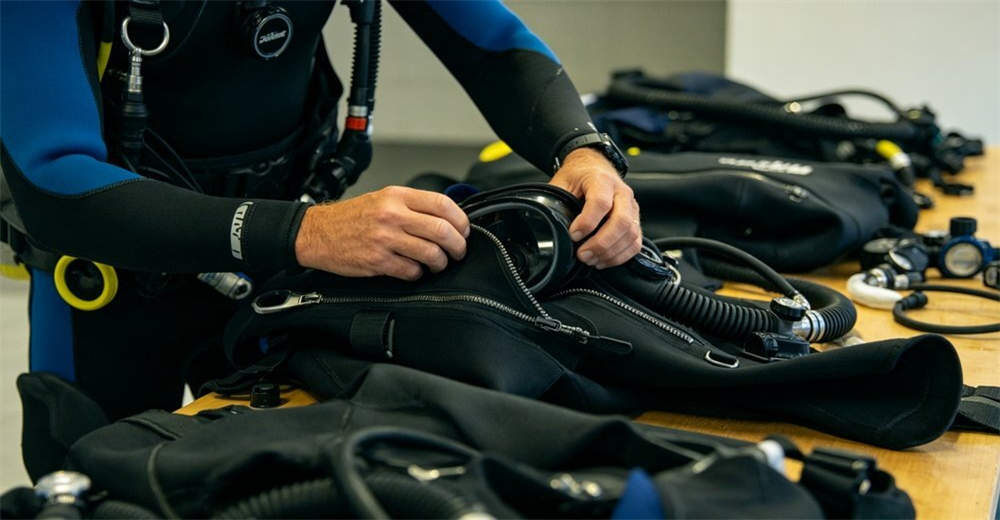 Quality inspector checking dry suit equipment including zipper test, seam inspection, and material verification during quality control process. demonstrating quality control and compliance with international safety standards