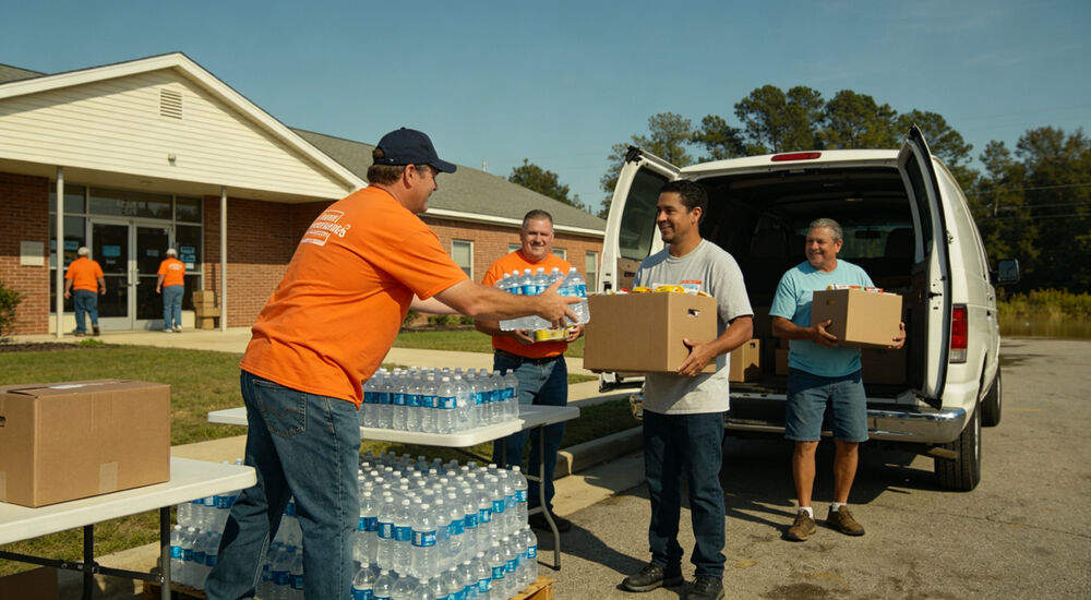 Volunteers distributing water bottles and food boxes to flood affected families outside community center