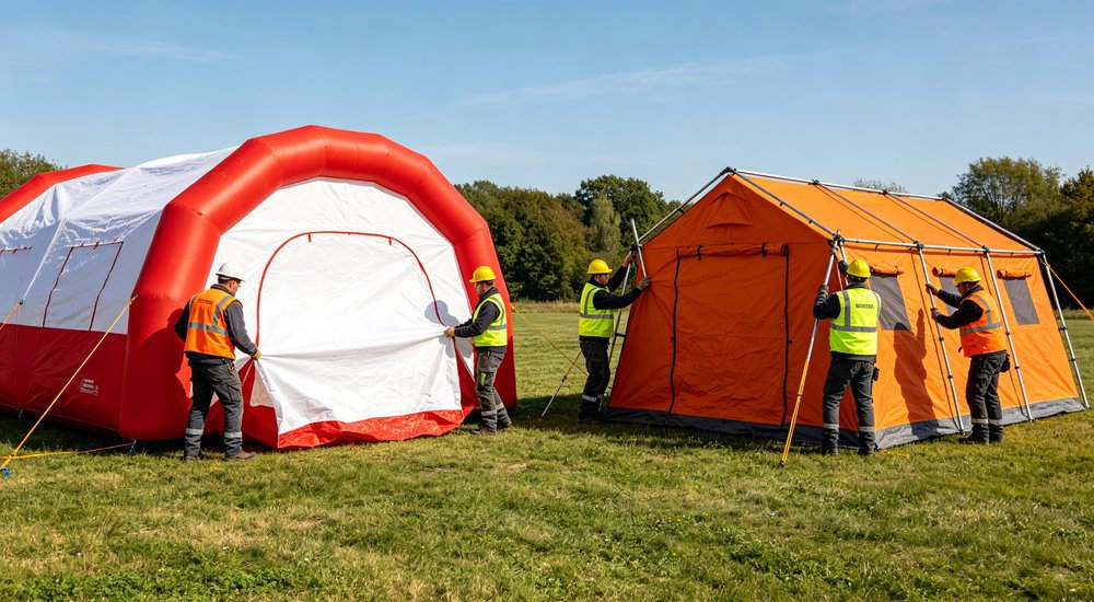 Crew size comparison showing 2 people for inflatable vs 4 people for frame tent, green grass red and white inflatable emergency shelter for disaster relief operations