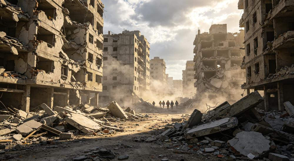 Wide-angle view of earthquake rubble panorama showing collapsed concrete buildings, disaster relief supplies teams deploy to earthquake zones for search and rescue operations