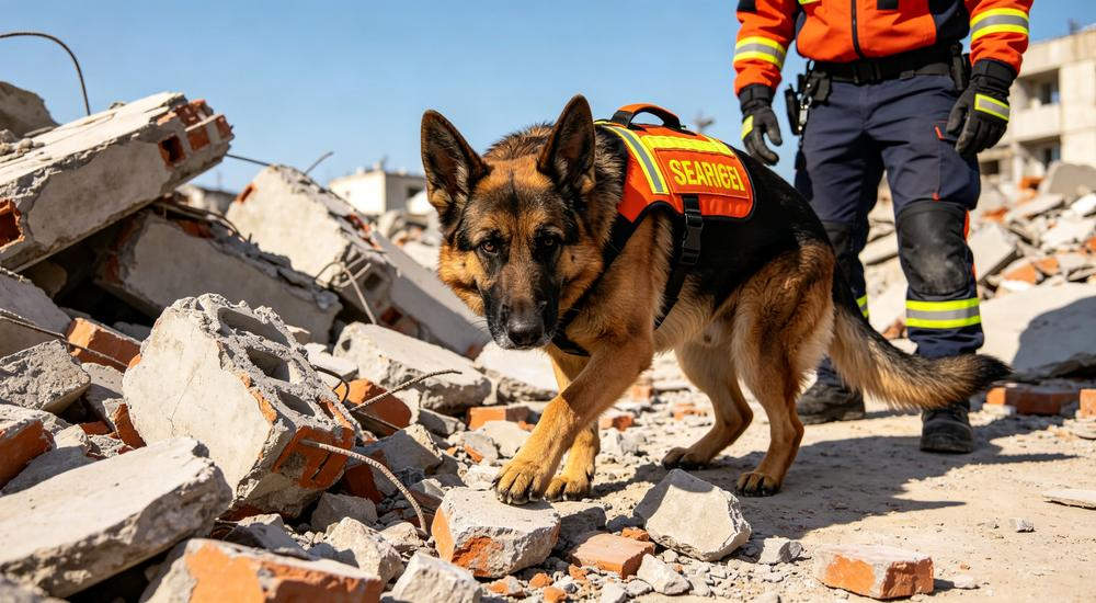 German shepherd search and rescue dog working on earthquake rubble, canine teams deployed by relief organizations alongside disaster relief supplies