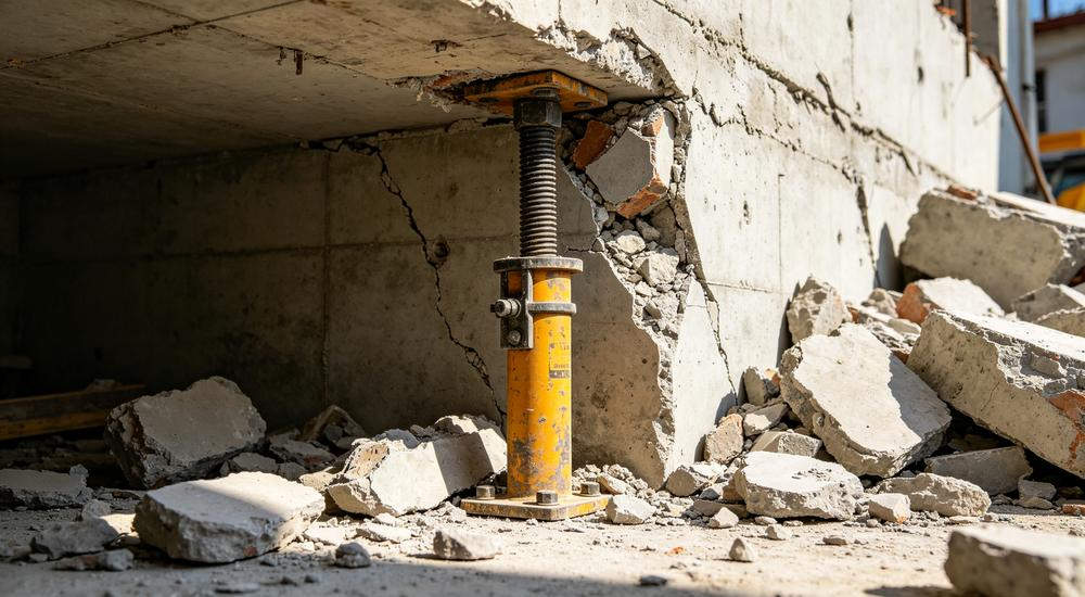 Yellow metal shoring post supporting damaged concrete wall, critical safety equipment in professional earthquake emergency kit for rescue teams