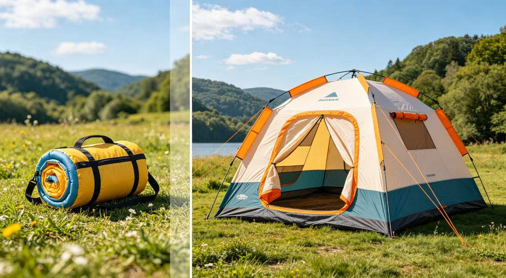 Inflatable tent packed vs erected comparison, fast deployment emergency shelter solution for relief organizations and government earthquake response