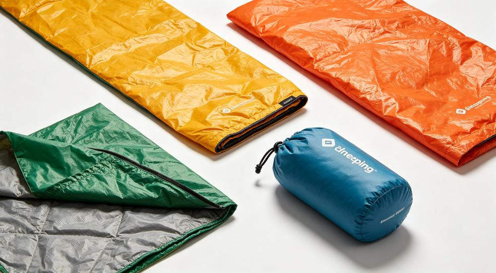 Emergency sleeping bag shown from three views, warm and durable bedding included in earthquake emergency kit packages for refugee and disaster camps