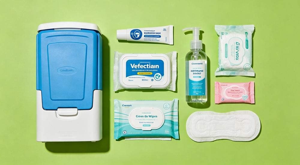 Hygiene kit flat lay with essential toiletries, often overlooked but critical component of disaster relief supplies for long term refugee camps
