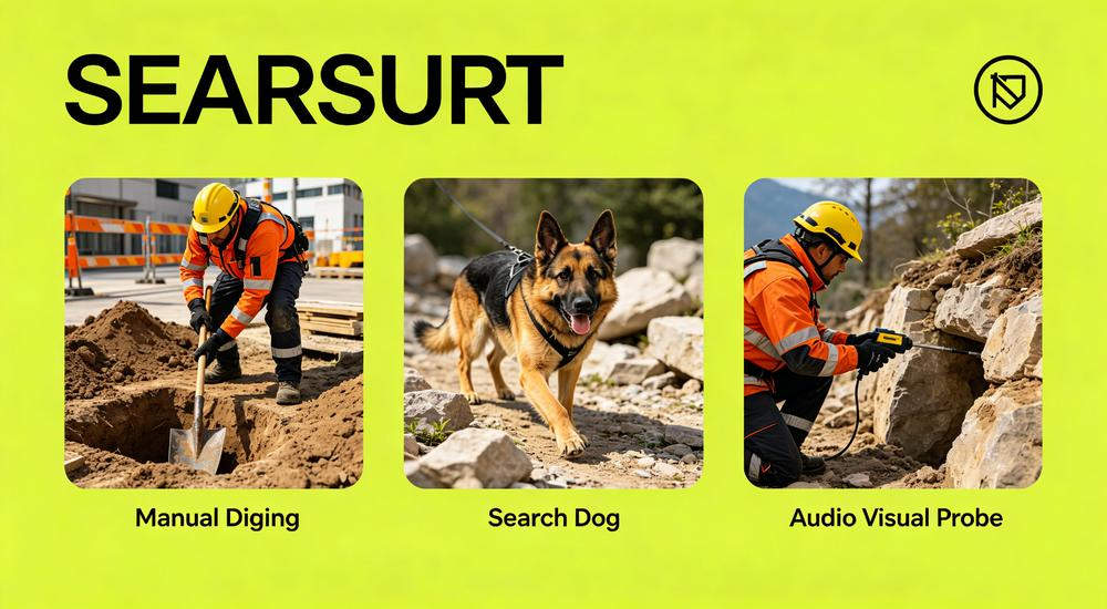 Three search and rescue methods comparison, manual digging vs dog vs technology, all require specialized earthquake emergency kit equipment