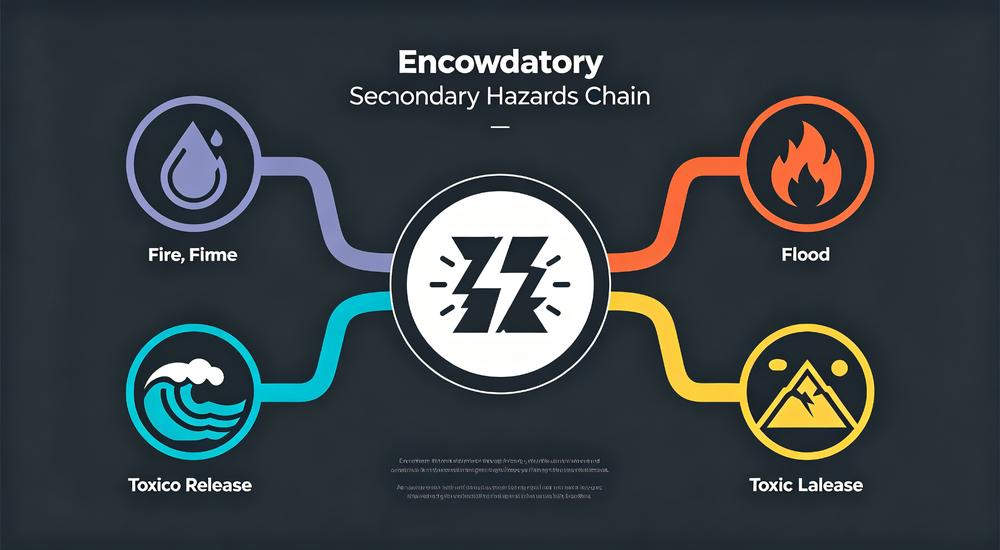 Secondary hazards chain diagram showing earthquake causes fire flood and landslides, why disaster relief supplies must cover multiple risk scenarios