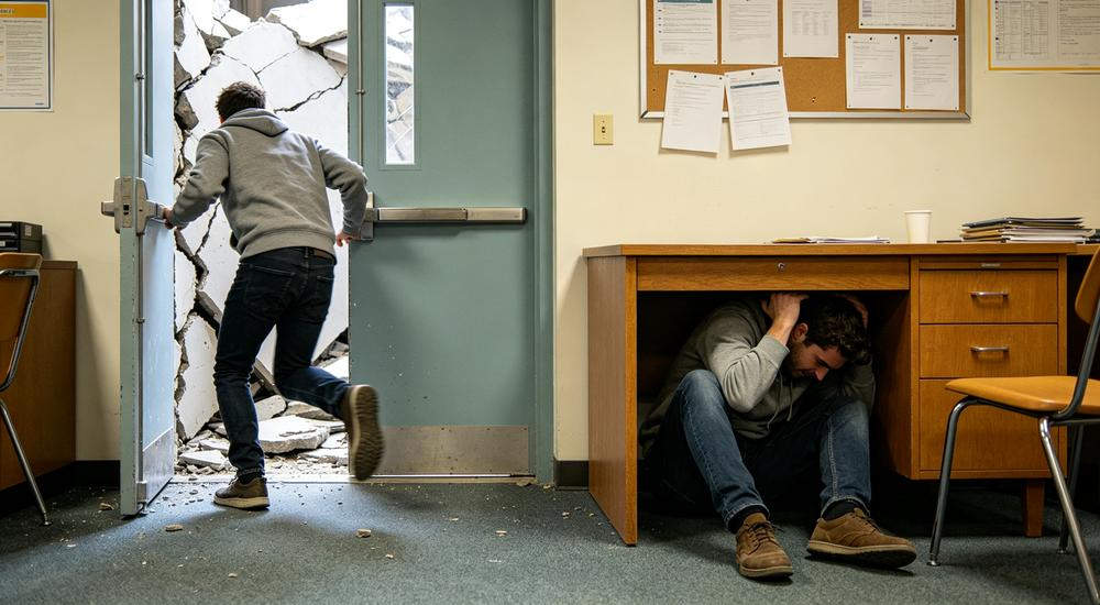 Earthquake myth vs fact comparison, running for doors drops vs taking cover, proper safety knowledge protects both civilians and rescue teams