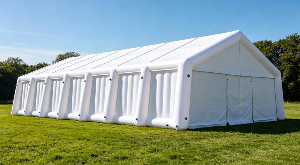 Multiple air beams inside inflatable tent, structural view, bright interior red and white inflatable emergency shelter for disaster relief operations