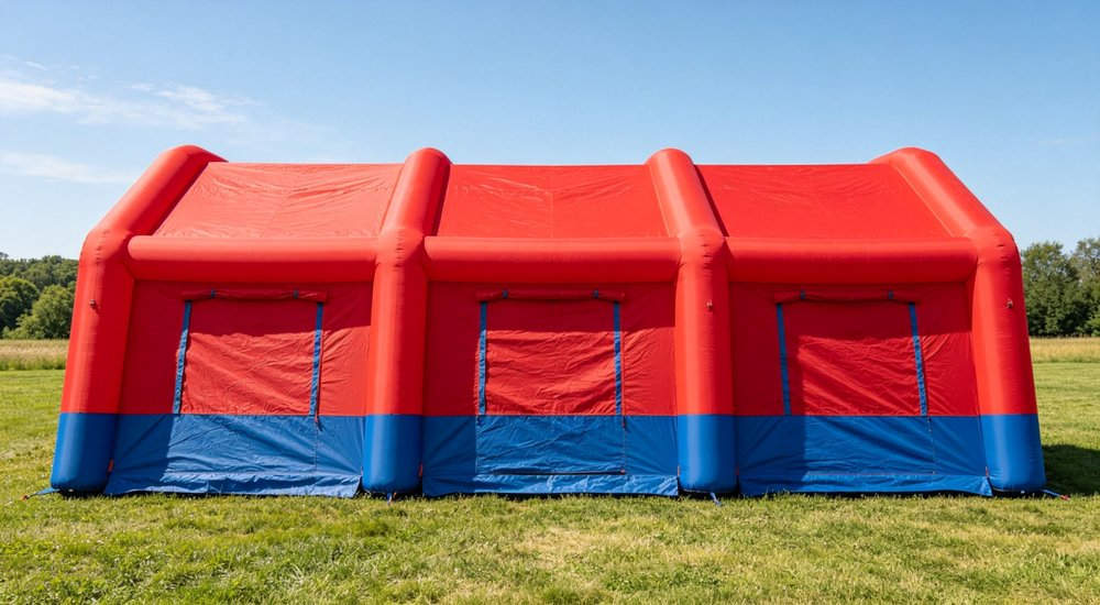 Full view of inflatable emergency tent showing air beam structure, red and white, green grass, blue sky red and white inflatable emergency shelter for disaster relief operations