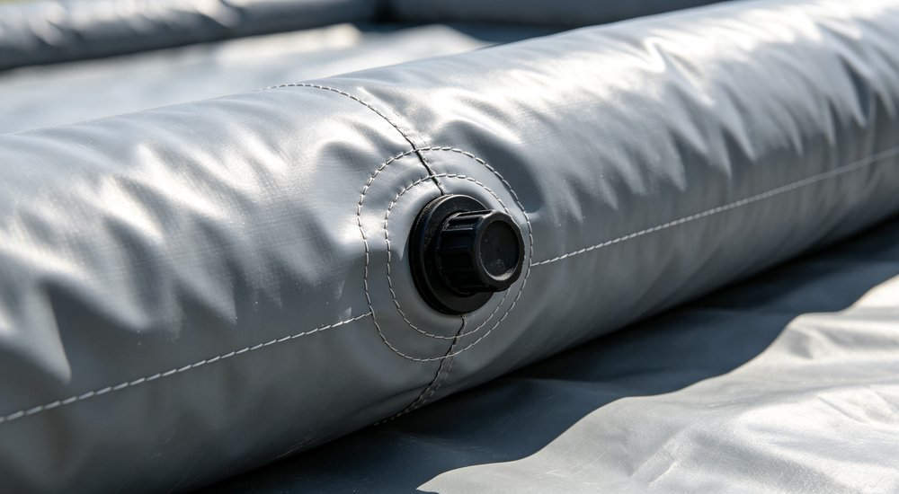 Single air beam on white background, product photography, PVC material red and white inflatable emergency tent for disaster relief operations