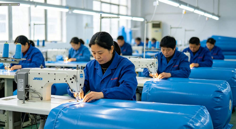 Chinese factory workers with Asian faces manufacturing air beam tents in bright clean workshop red and white inflatable emergency shelter for disaster relief operations