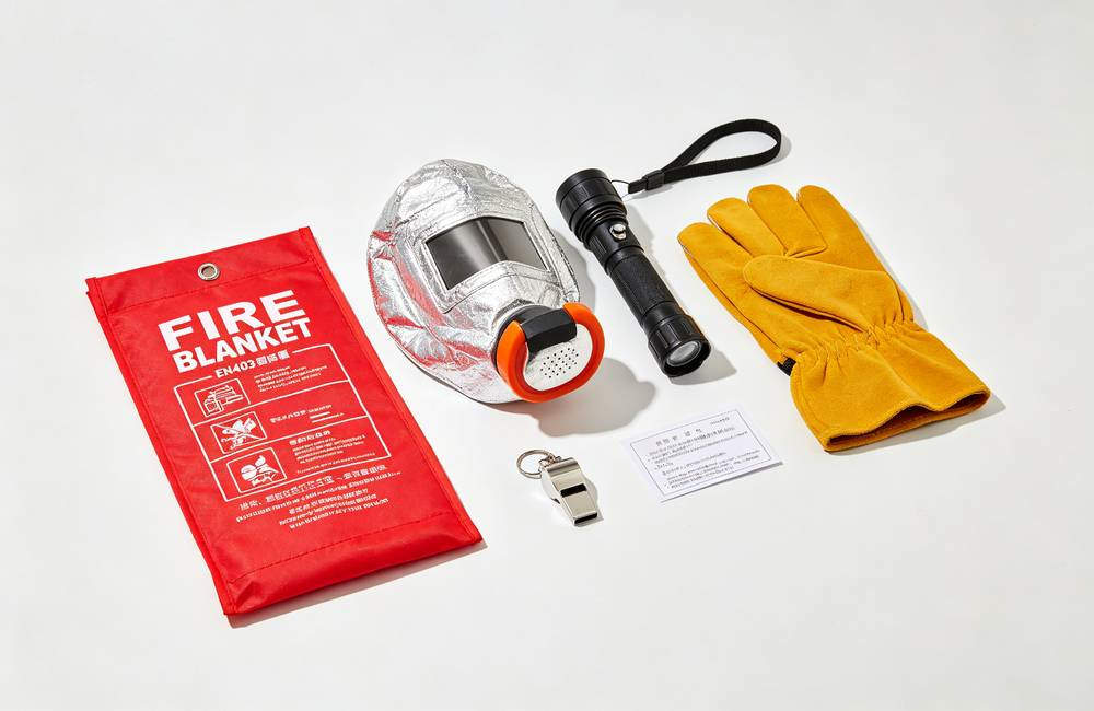 Five piece home fire safety kit flat lay with silver EN403 mask and English packaging CE certified for wholesale buyers today Five piece home fire safety kit flat lay with silver EN403 mask and English packaging CE certified for wholesale buyers today